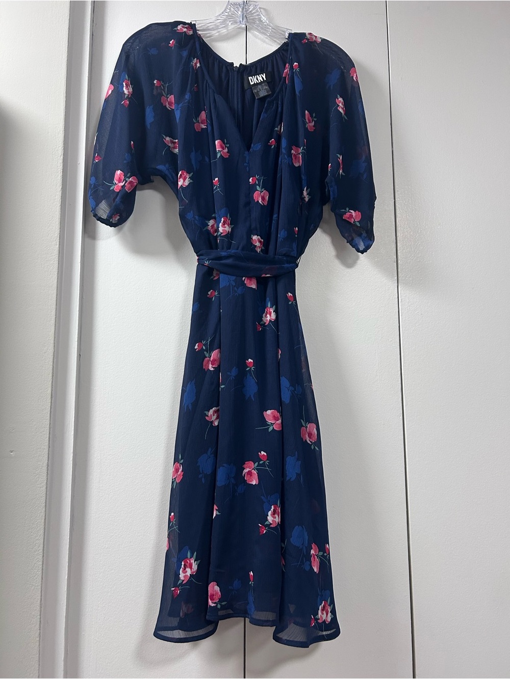 DKNY Navy Midi Dress with Pink Floral Print